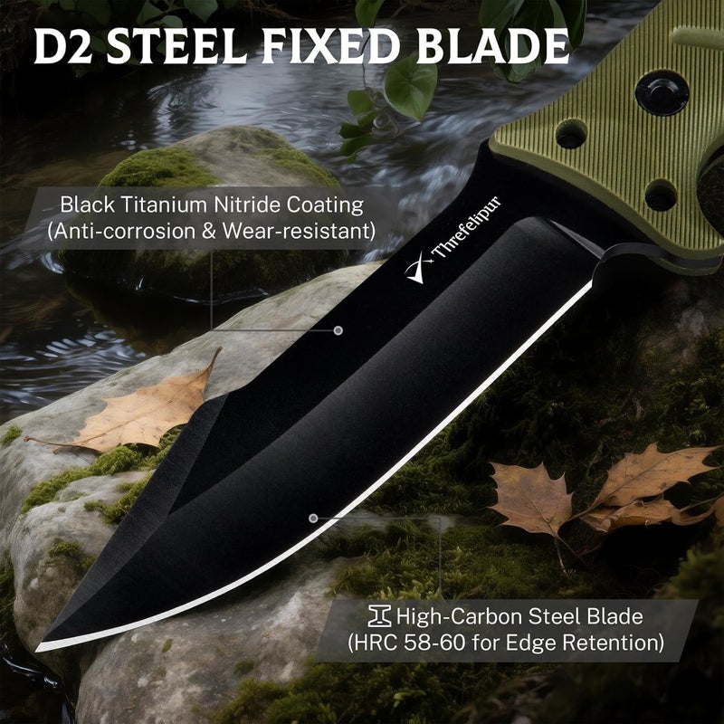 Threfelipur Camping Knife for Men, D2 Steel Fixed Blade Tactical Survival Knife with Sheath - Compact & Portable for Outdoor Hiking, Bushcraft, G10 Handle - Green - Image 3